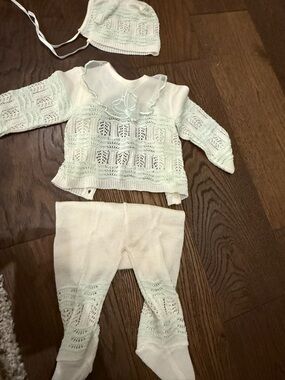 Vintage Ivory Knit Baby Three-Piece Set with Bonnet